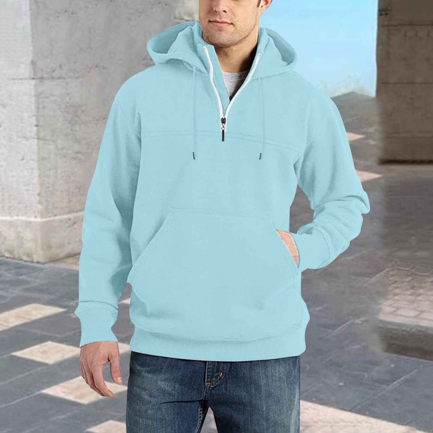 Herren modischer Kapuzenpullover mit halbem Reißverschluss und praktischen Kängurutaschen ModeGeist