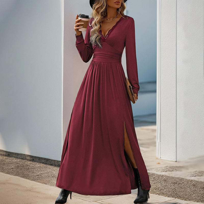 Damen Maxikleid mit tiefem V-Ausschnitt und eleganter Raffung ModeGeist