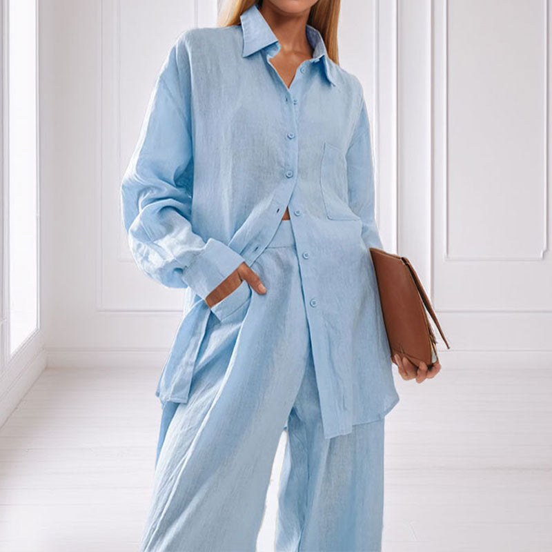 Damen lässiges Leinen-Hemd- und Hosen-Set ModeGeist