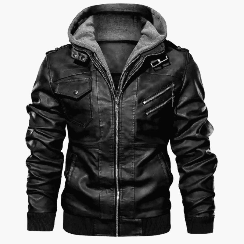 Herren Kunstlederjacke mit abnehmbarer Kapuze und stylischen Taschen ModeGeist