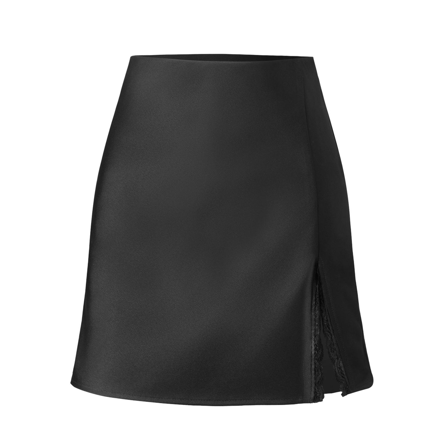 Damen Satin-Rock mit seitlichem Schlitz und Spitzenakzenten ModeGeist
