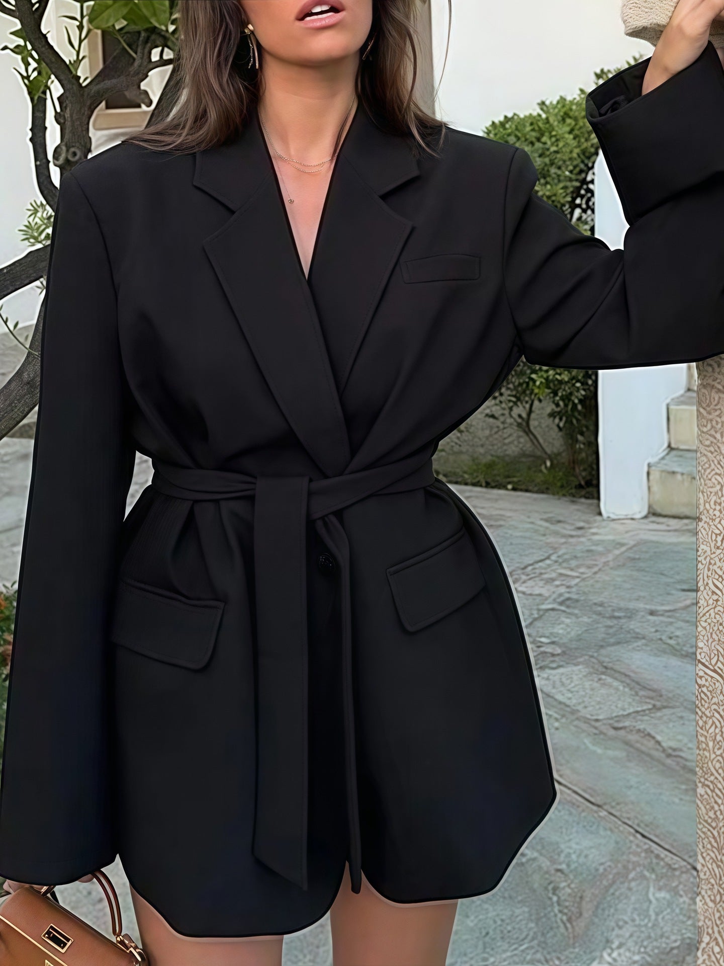 Damen Elegante Blazerjacke mit Gürtel und Taschen ModeGeist