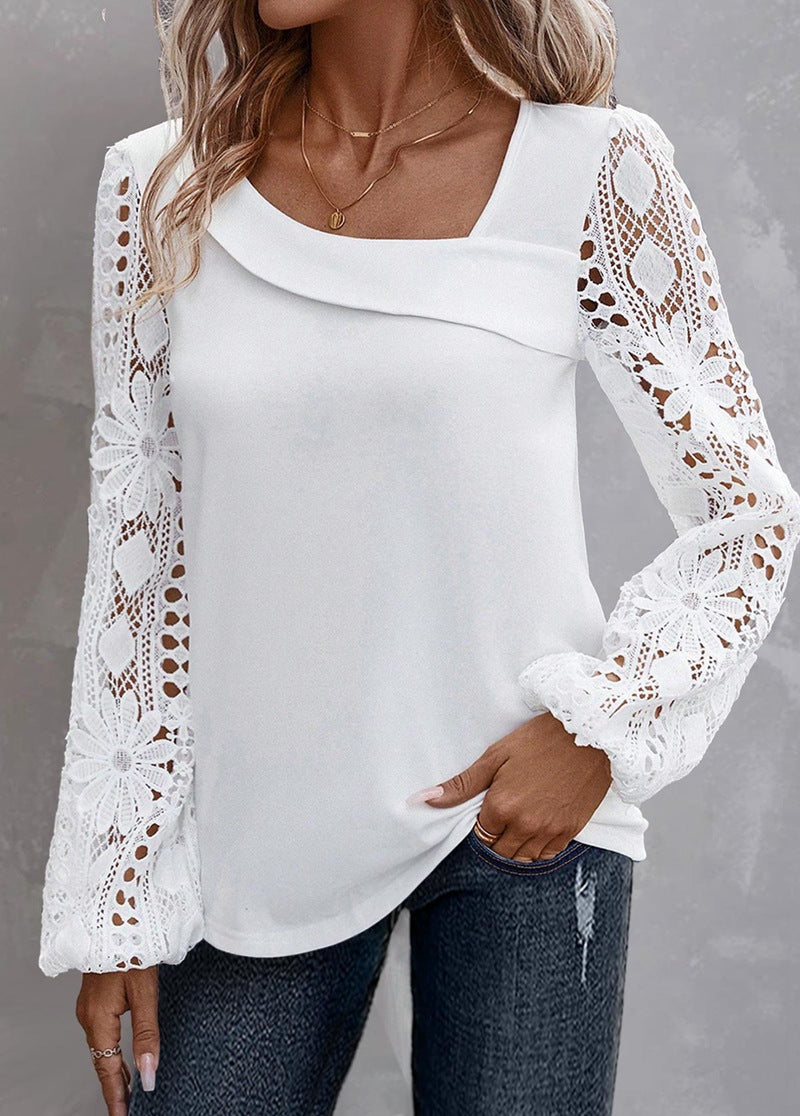 Elegante Damenbluse mit Spitze an den Ärmeln und raffiniertem Ausschnitt von MODEGEIST