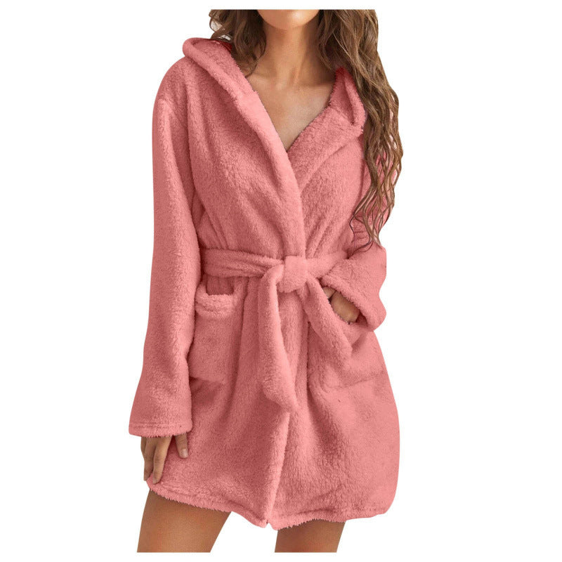 Modische Damen-Fleece-Bademäntel mit Kapuze und Taschen