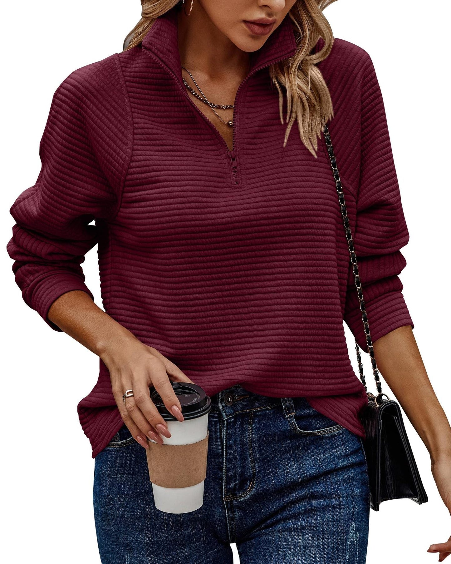 Damen Modischer Waffle-Pullover mit Stehkragen und Reißverschluss ModeGeist