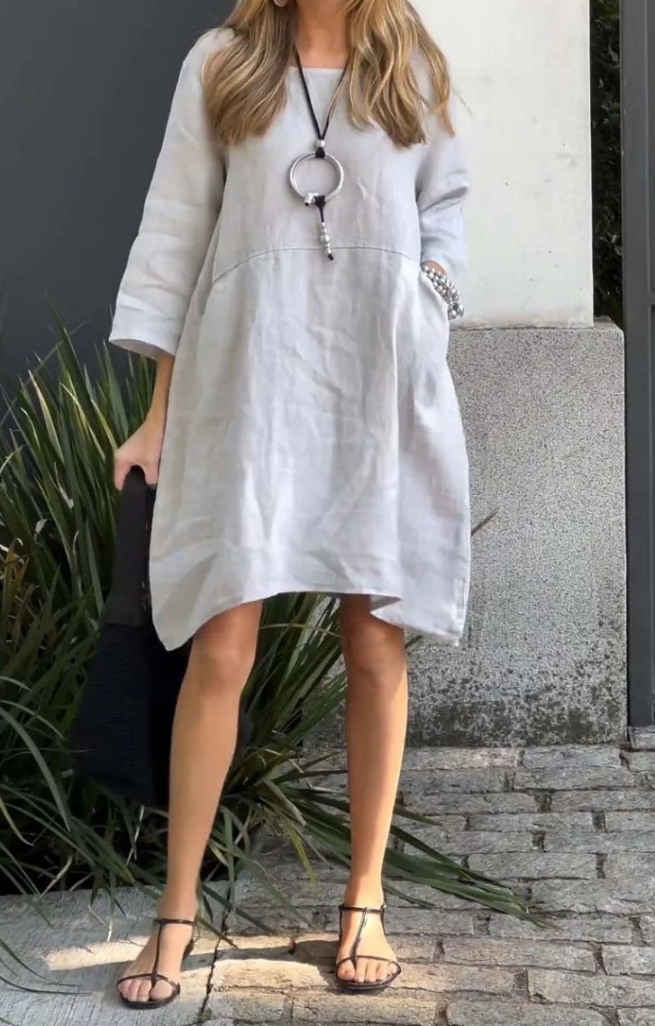 Damen lässiges Leinenkleid mit praktischen Taschen und asymmetrischem Saum ModeGeist
