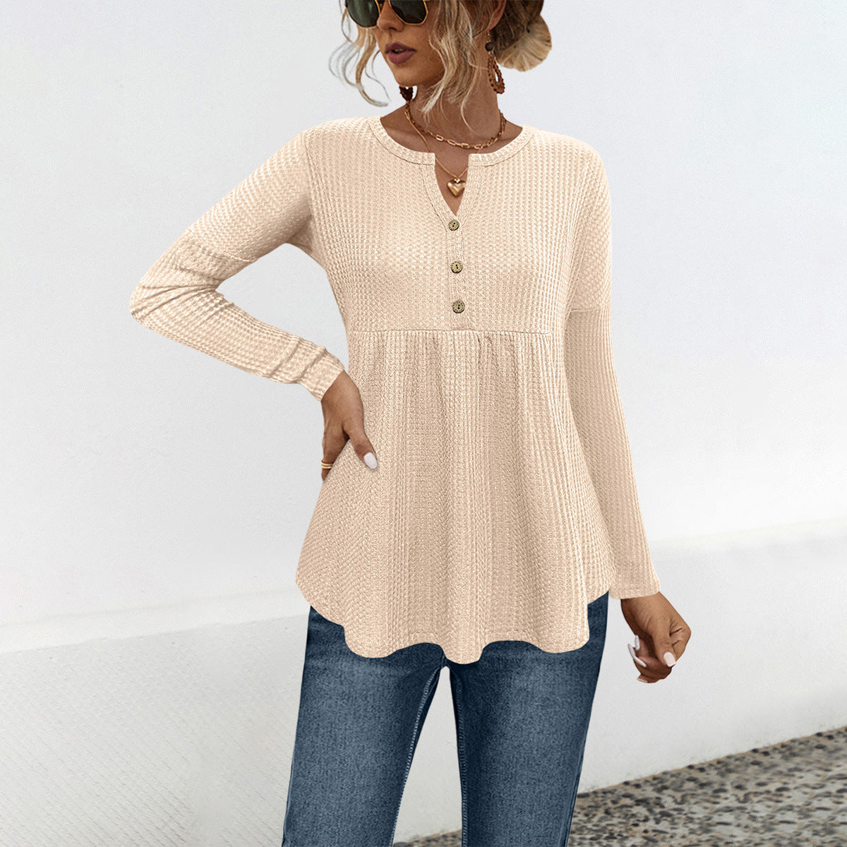 Damen Langarm-Tunika mit Volant und Knopfdetails ModeGeist