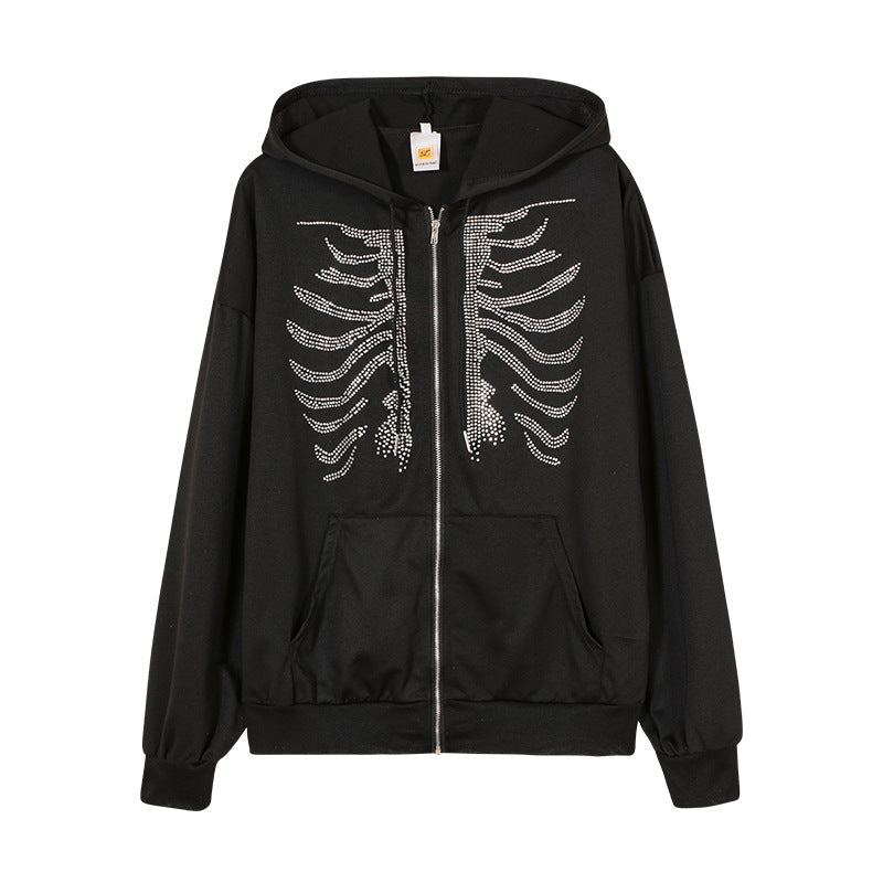 Damen Kapuzenjacke mit einzigartigem Skelett-Design und funkelnden Strasssteinen ModeGeist