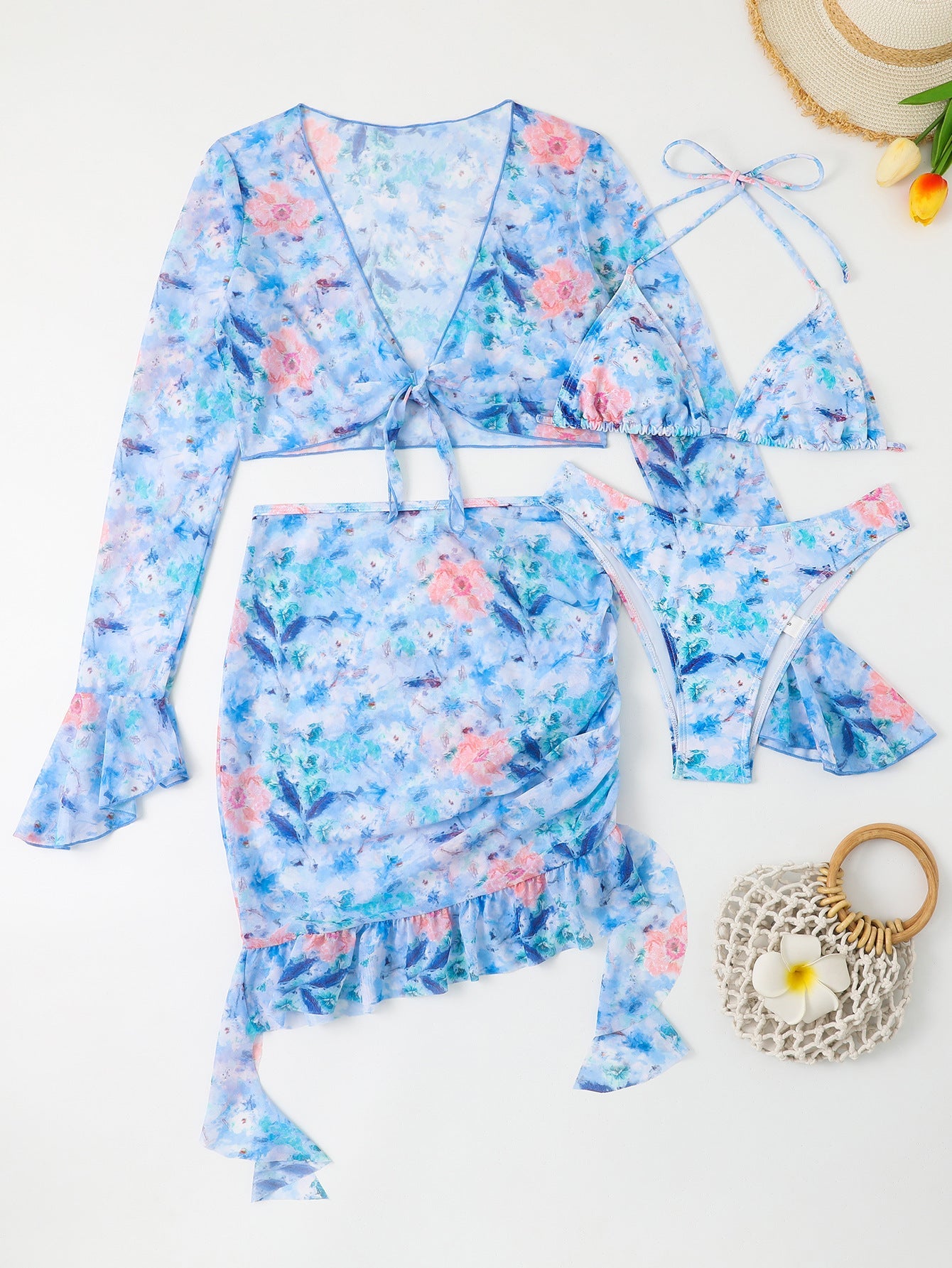Blumen-Wickelrock-Set mit Rüschen und Damen-Cropped-Top, modisch von MODEGEIST