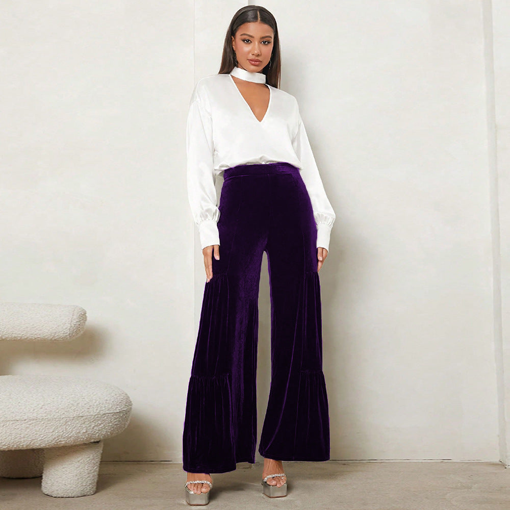 Damen Weit geschnittene Plüsch-Hose mit Falten und hohem Bund ModeGeist
