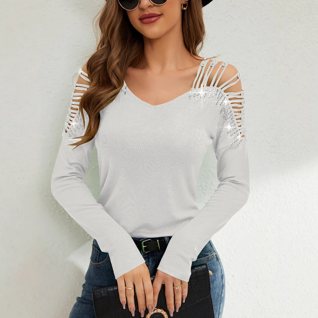 Damen Langarmshirt mit offenen Schultern und Strassverzierung ModeGeist