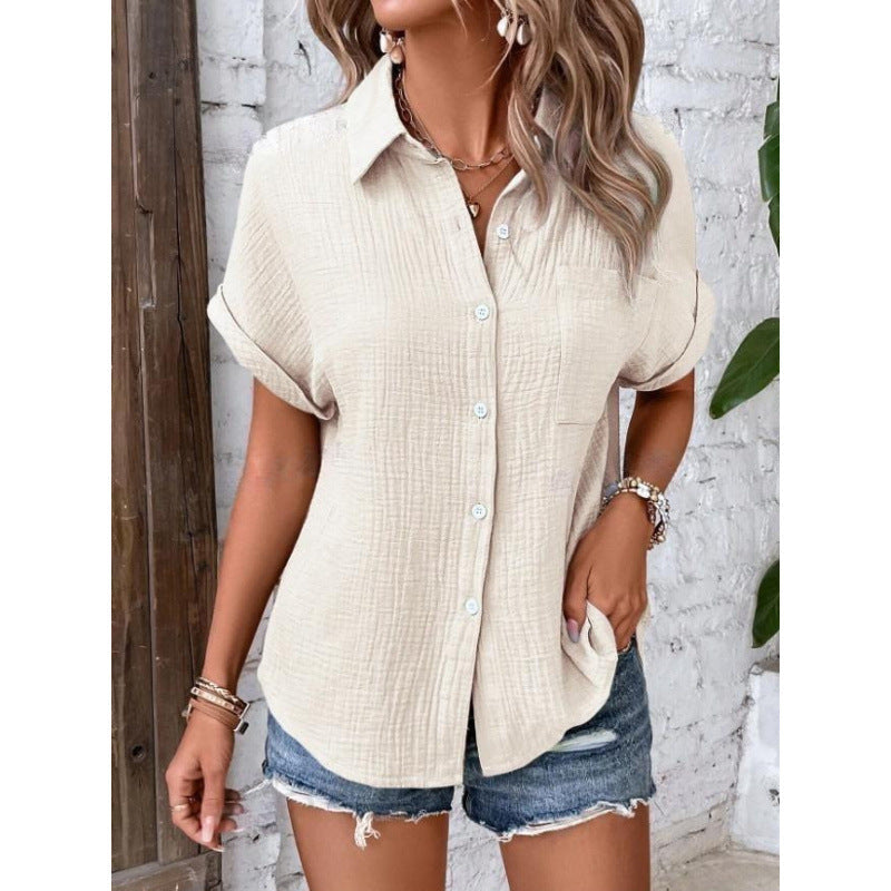 Atmungsaktive Damen-Baumwollmix Bluse mit Kurzarm und strukturierter Oberfläche - lässiger Style