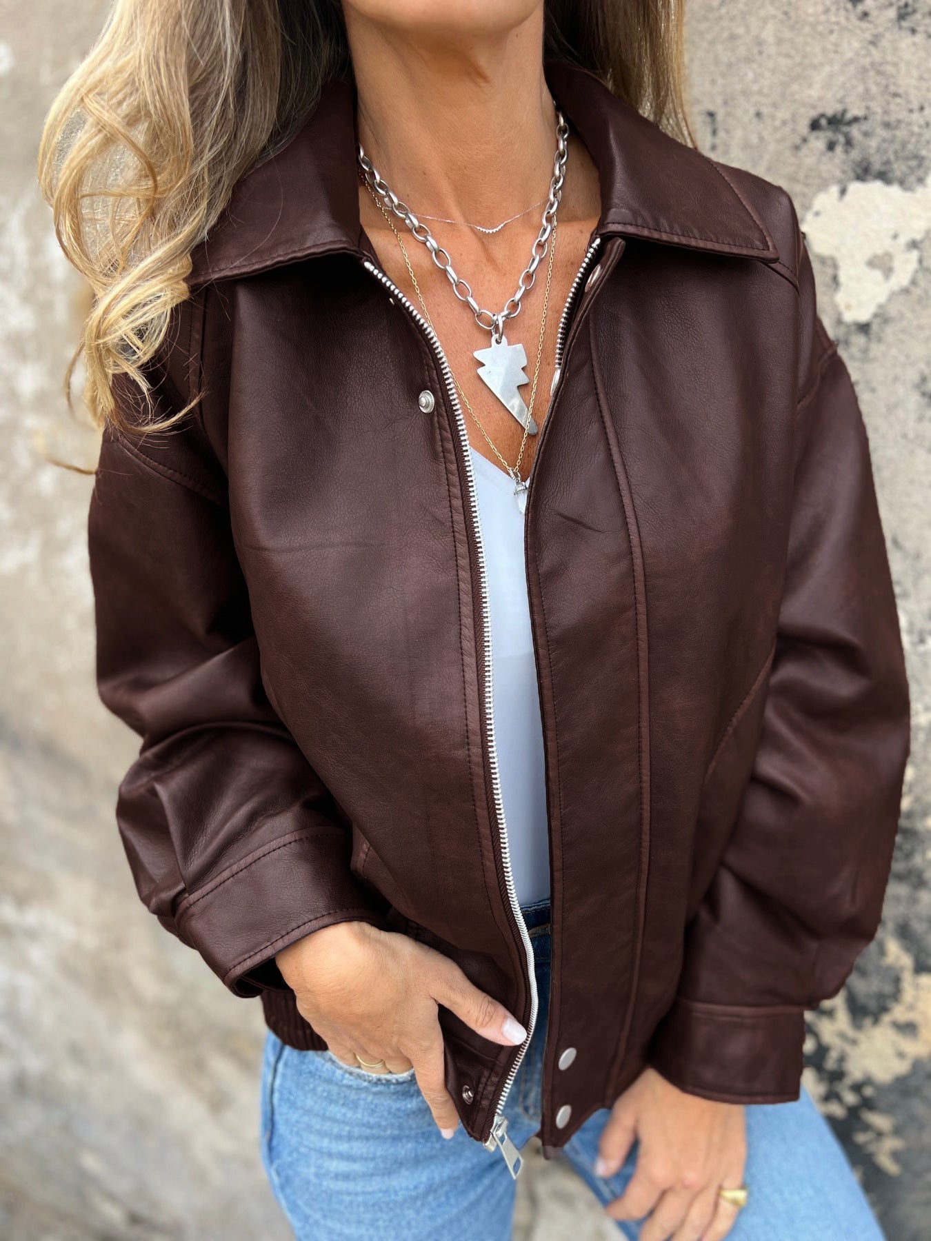 ModeGeist | Lockere Pu-Motorrad Bomberjacke