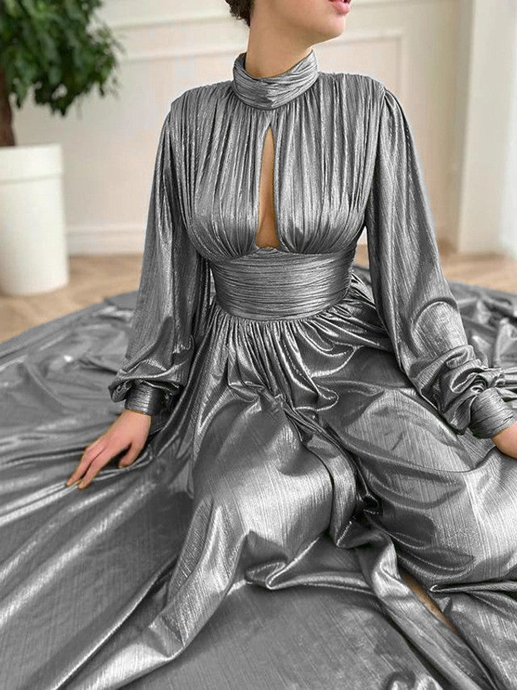 Damen Elegantes Maxikleid mit plissierten Details und luxuriösem Fall ModeGeist