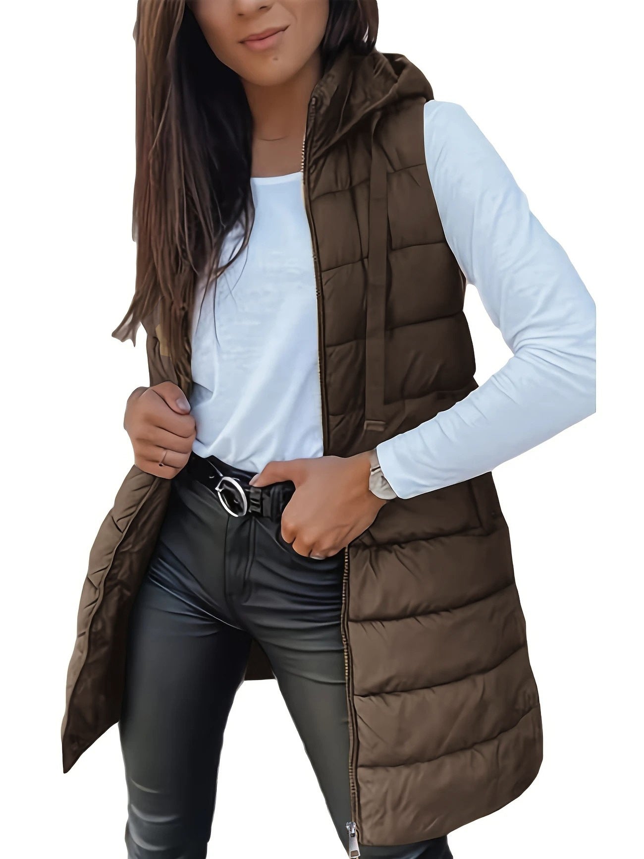 Damen Stylische gesteppte Weste mit Kapuze und langen Schnitt ModeGeist