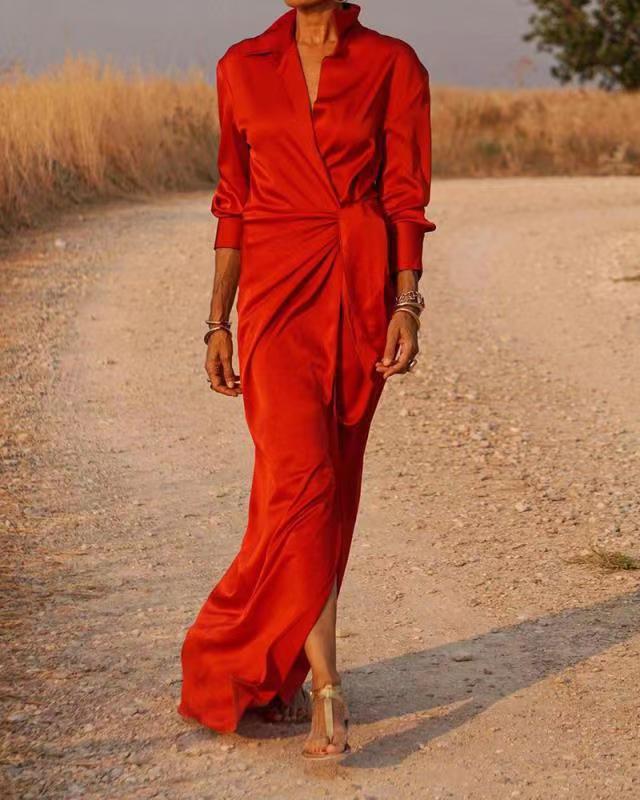 Damen Elegantes Wickel-Maxi-Kleid mit vielseitigem Kragen und seitlichem Schlitz ModeGeist