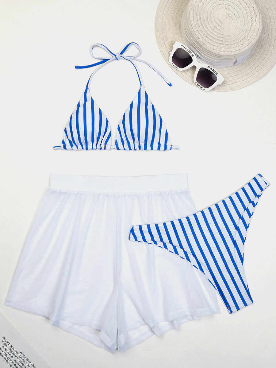 Streifiger Dreieck-Bikini mit fließendem Strandrock Set von MODEGEIST für Damen