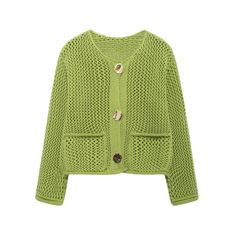 Damen luftige Strickjacke mit durchbrochenem Muster und praktischen Taschen ModeGeist