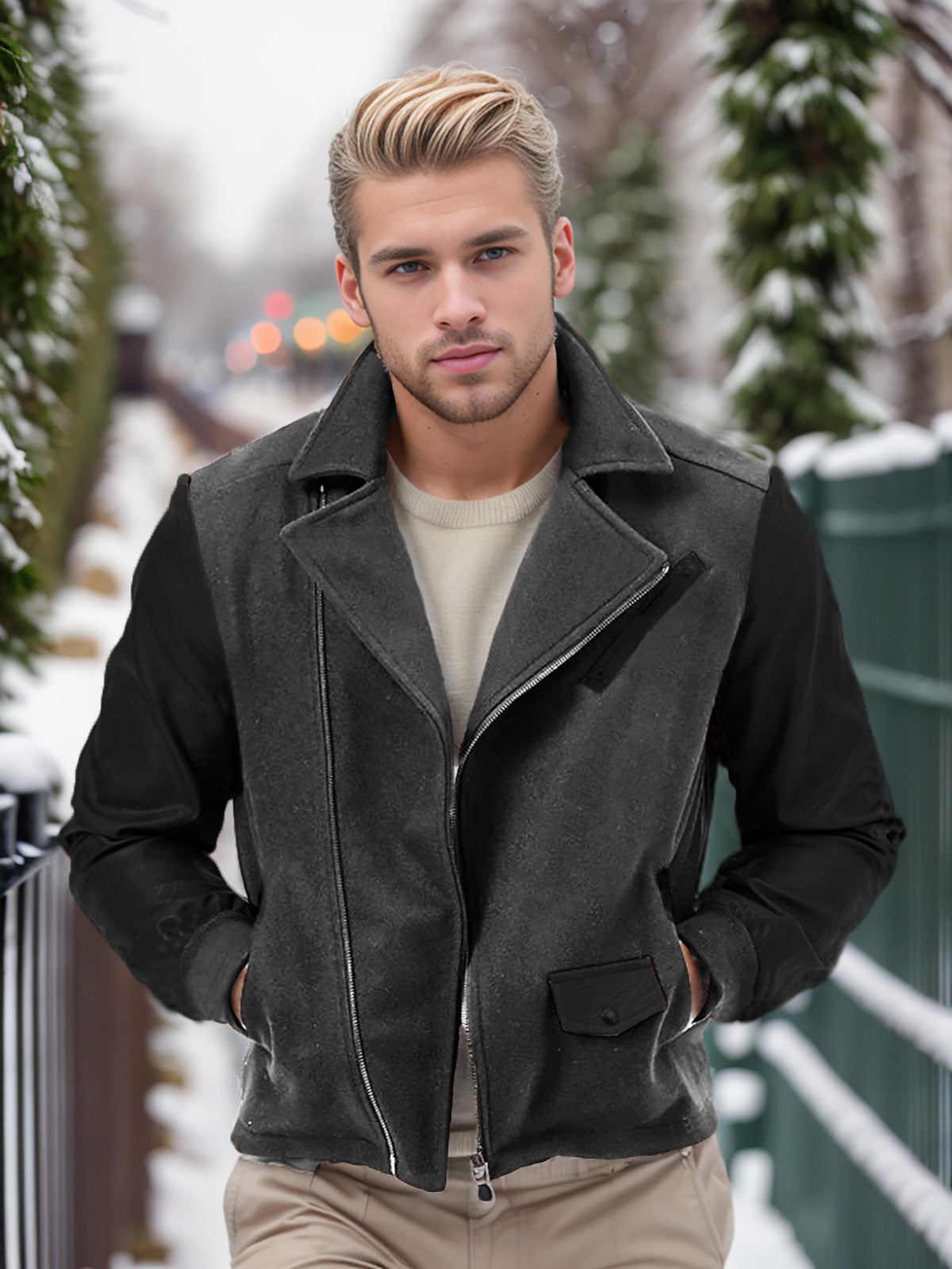 Herren modische Übergangsjacke mit kontrastierenden Ärmeln und praktischen Taschen ModeGeist