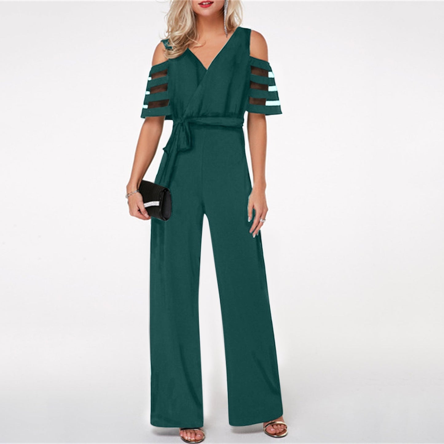 Damen Eleganter Jumpsuit mit transparenten Ärmel-Details und Taillengürtel ModeGeist