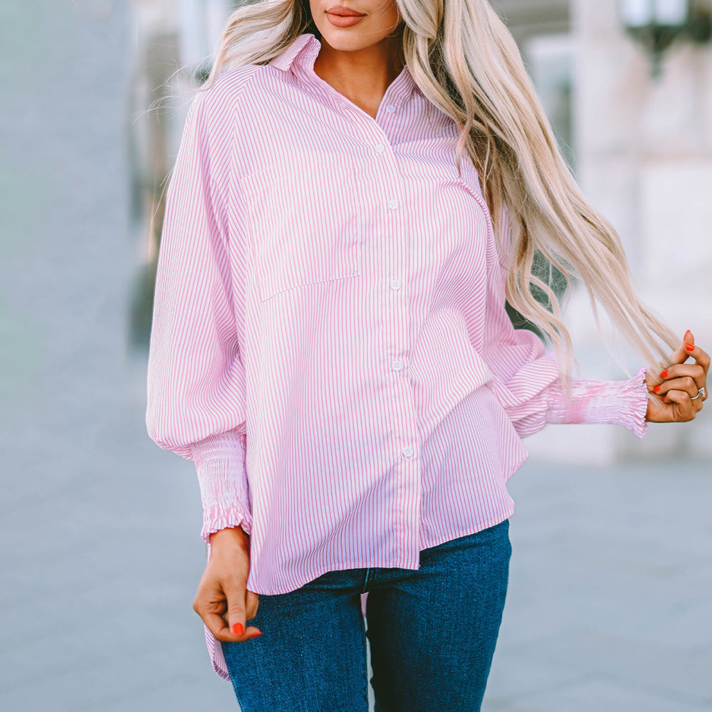 MODEGEIST Damen Oversized Hemdbluse Gestreift Langarm Hellblau Weiß
