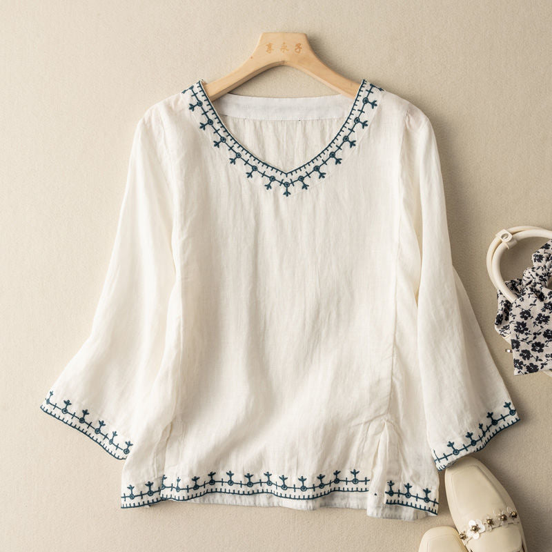 MODEGEIST Damen V-Ausschnitt Bluse Bestickt Kurzarm