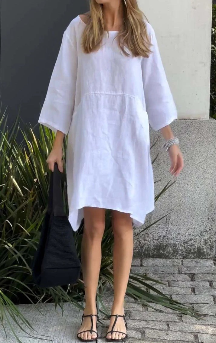 Damen lässiges Leinenkleid mit praktischen Taschen und asymmetrischem Saum ModeGeist