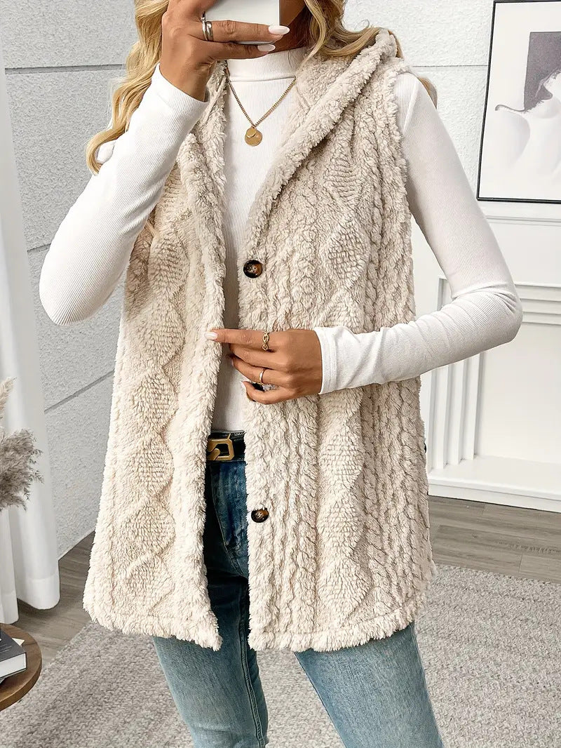 Damen Plüschweste mit Kapuze und Knopfverschluss ModeGeist