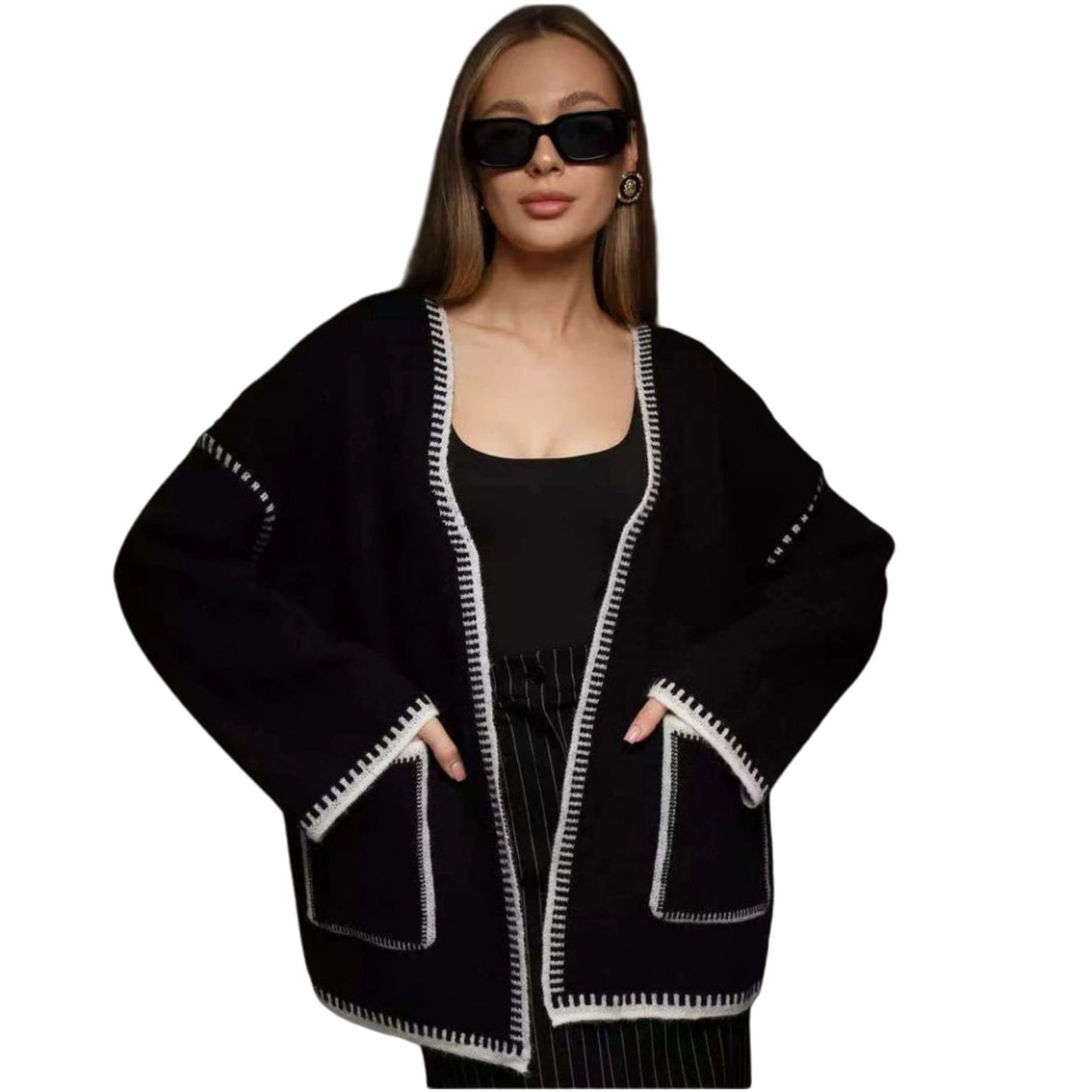 Damen Strickjacke mit großem Revers und praktischen Taschen ModeGeist