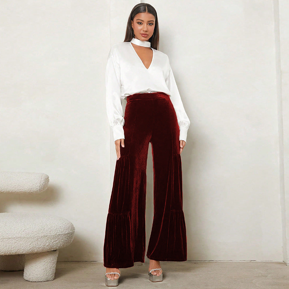 Damen Weit geschnittene Plüsch-Hose mit Falten und hohem Bund ModeGeist