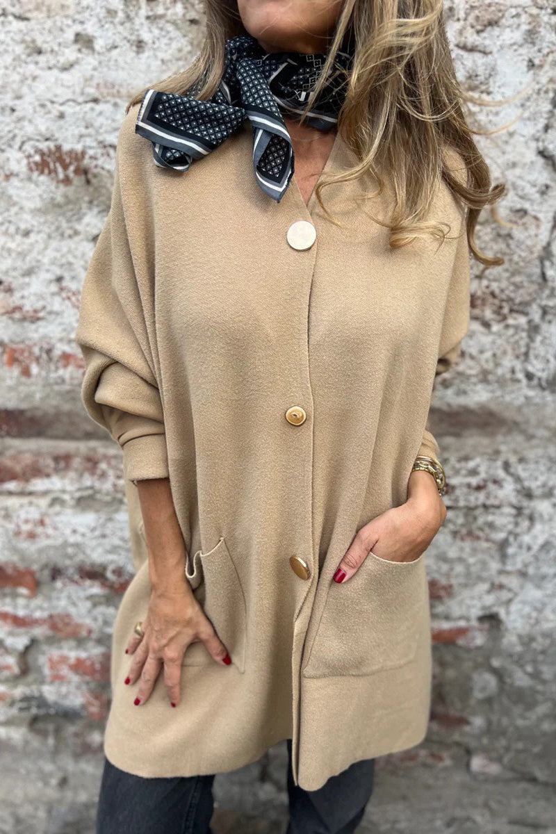 ModeGeist | Lange Unifarbene Einreihige V-Ausschnitt Strickjacke Jacke