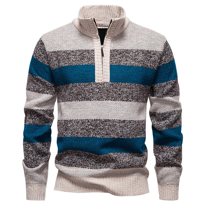 Herren modischer Strickpullover mit halbhohem Kragen und kontrastierenden Streifen ModeGeist