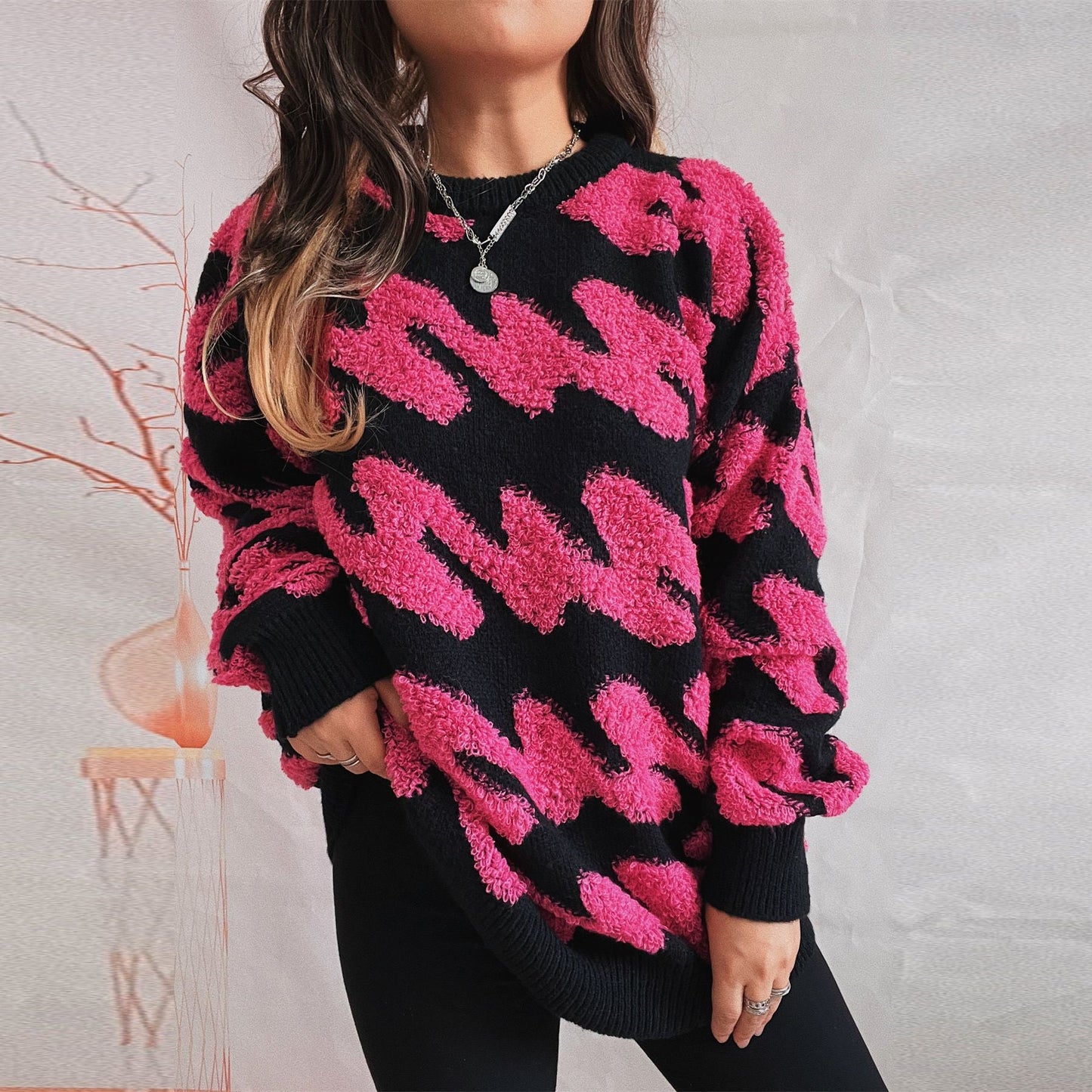 Damen grob strukturiertes Sweatshirt mit kontrastierenden Mustern ModeGeist