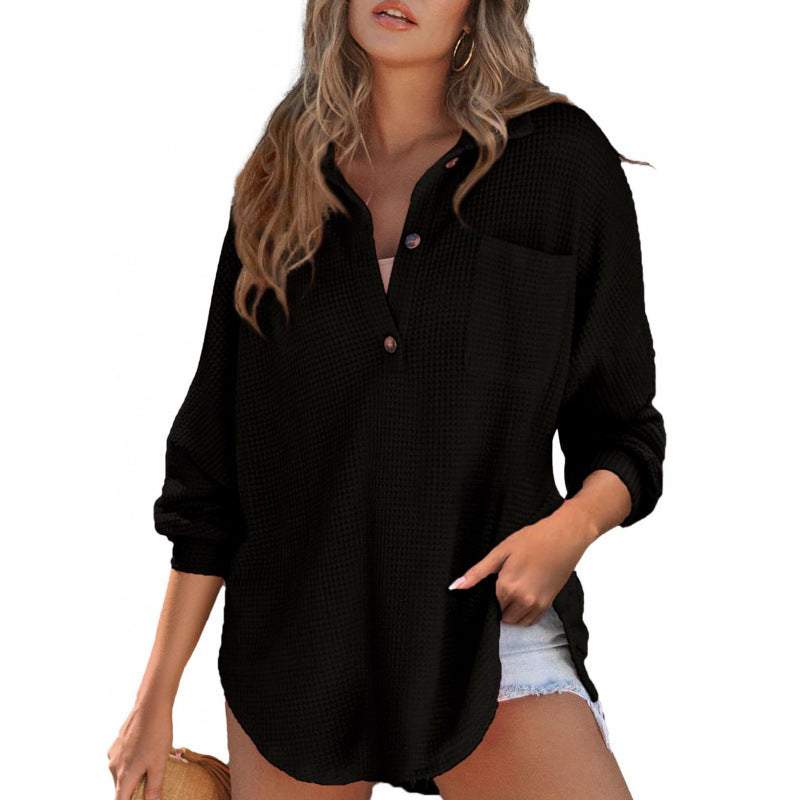 Damen lässiges Waffle-Shirt mit Stehkragen und Knopfleiste ModeGeist