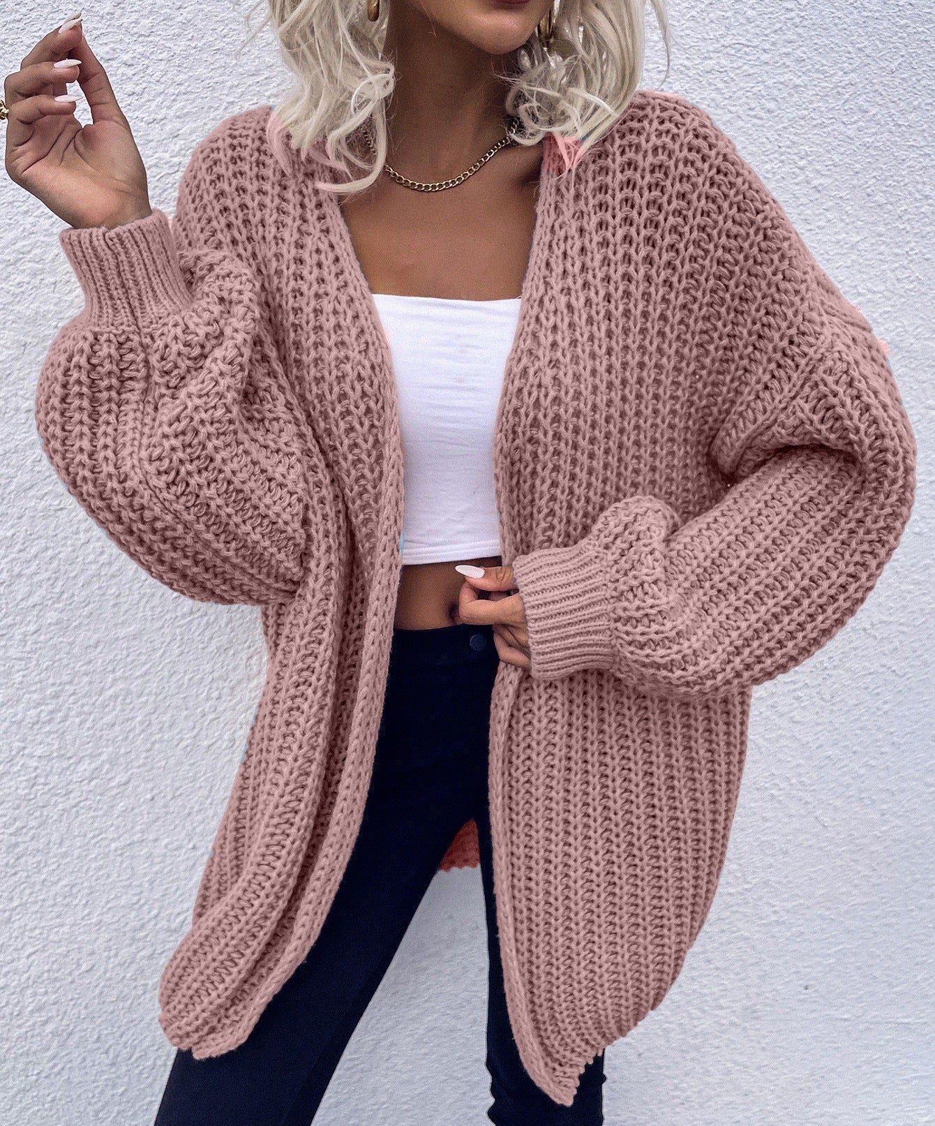 Damen lässiger Grobstrick-Cardigan mit tiefen Taschen und voluminösen Ärmeln ModeGeist