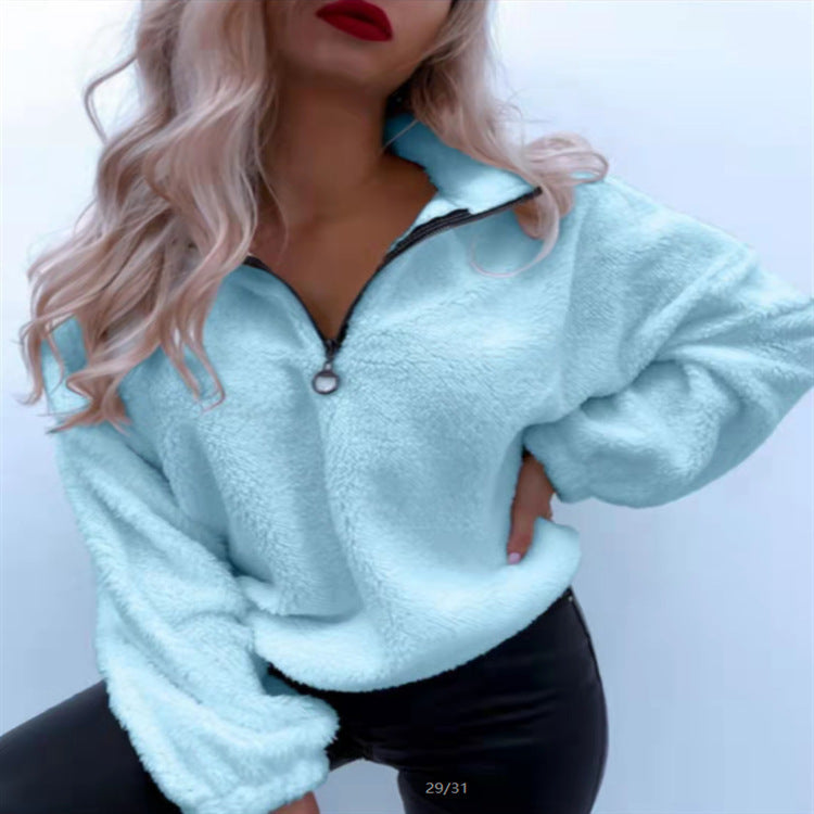 Modischer Damen-Fleecepullover mit kurzem Reißverschluss und weichem Teddyfleece