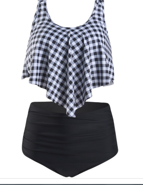 Modischer Damen Badeanzug mit Rüschen, Blumenmuster, Tanktop und hochtaillierter Hose