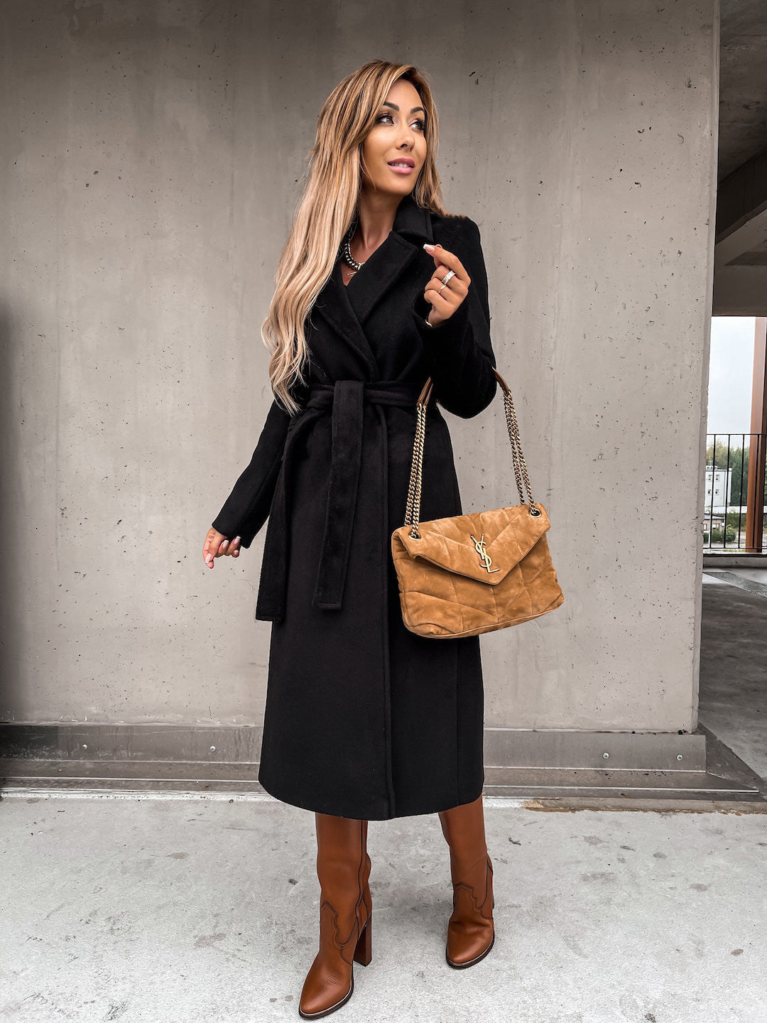 Damen eleganter langärmeliger Wollmantel mit Taillengürtel ModeGeist
