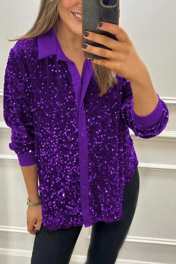 Damen Glitzernde Bluse aus Pailletten mit klassischem Kragen ModeGeist