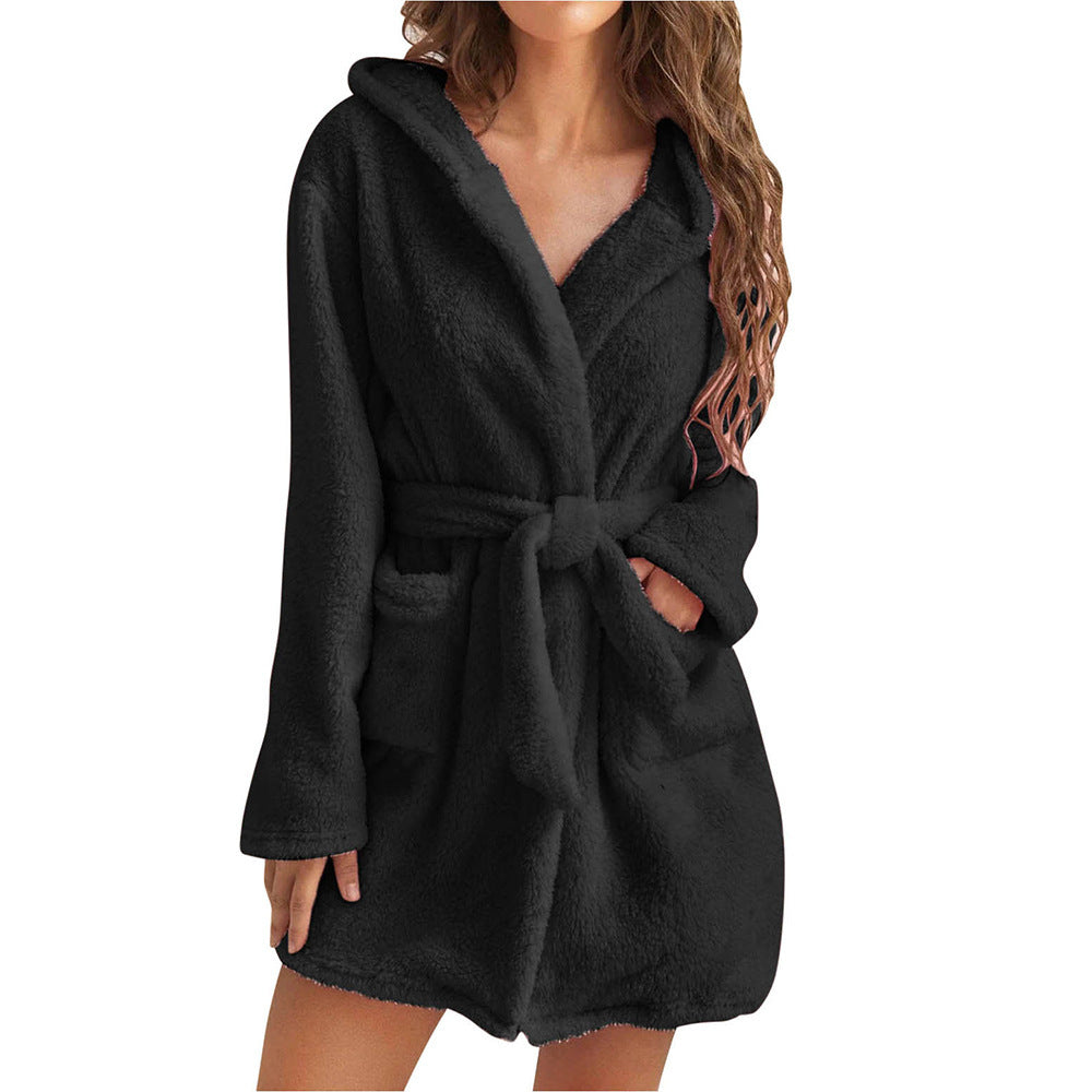 Damen Fleece Bademantel mit Kapuze und Gürtel ModeGeist