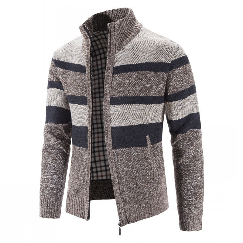 Herren modischer Strickpullover mit durchgehendem Reißverschluss und gestreiftem Design ModeGeist
