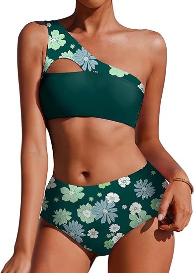 Moderner Damen-Bikini mit asymmetrischem Schnitt und Blumenapplikationen
