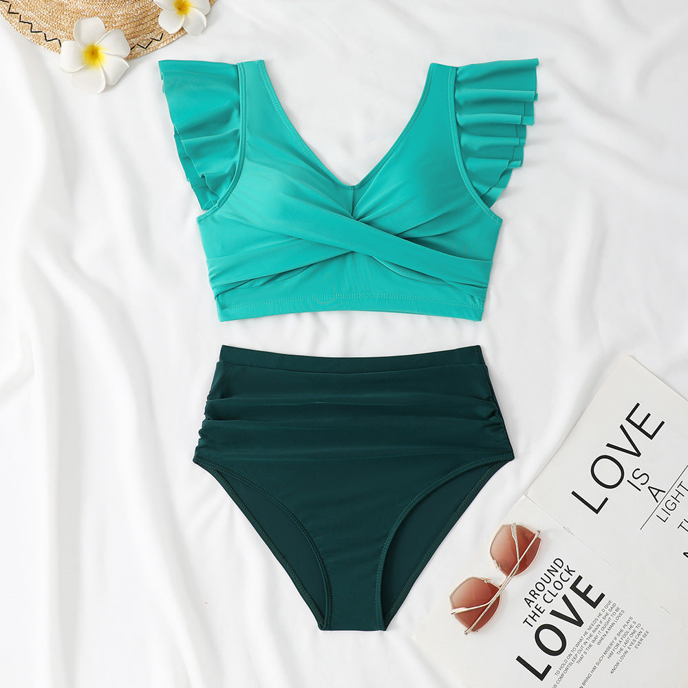 Stylish Women's Ruffle Crop Top and High-Waisted Bikini Bottom Set