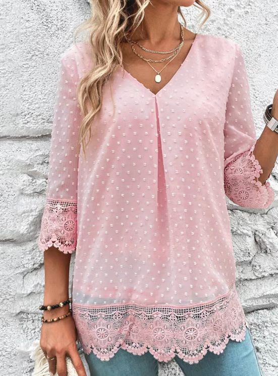 Modegeist Bluse für Damen mit Spitze an den Ärmeln und punktiertem Muster
