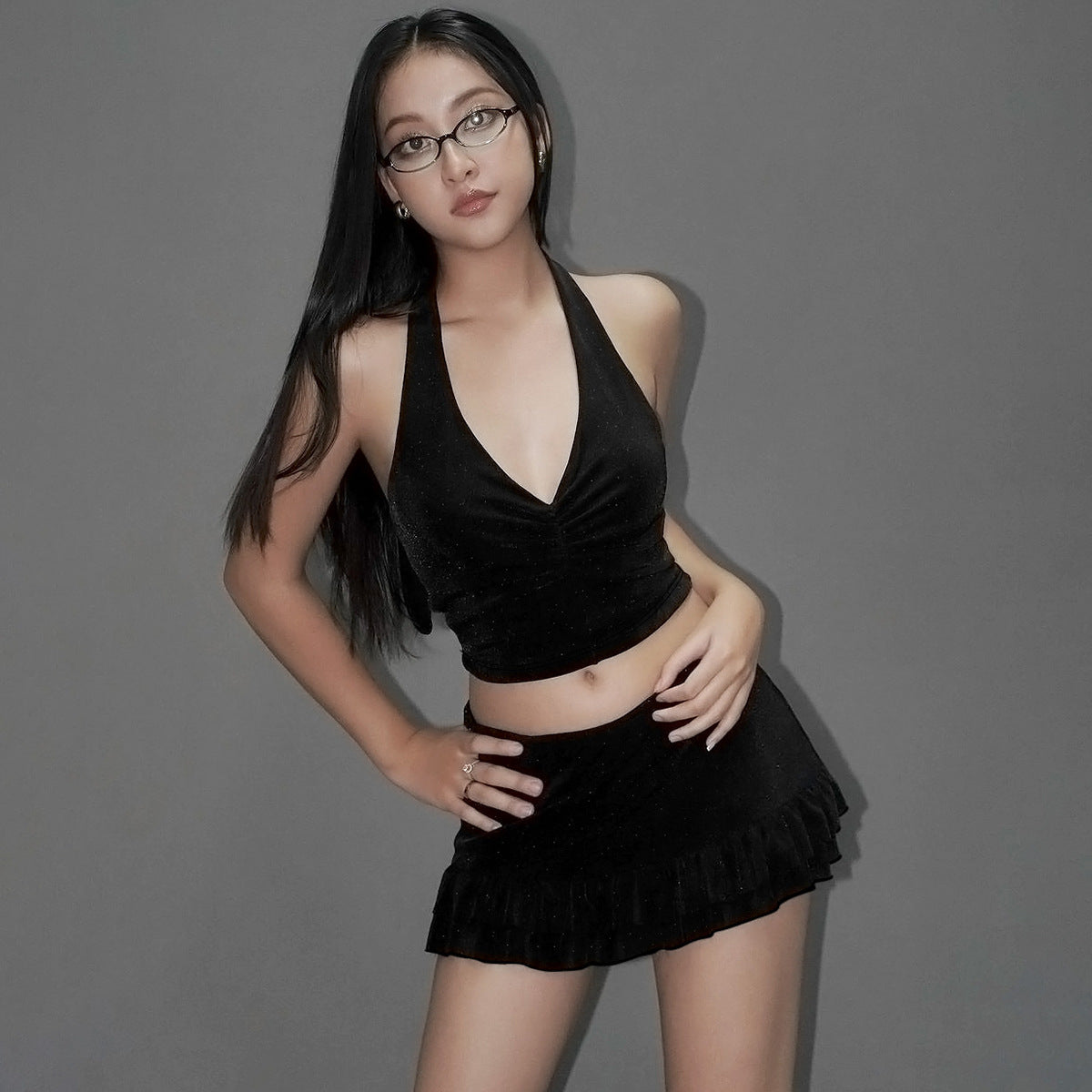 Glitzersticker Damen Crop-Top und Rock Set mit Rüschen