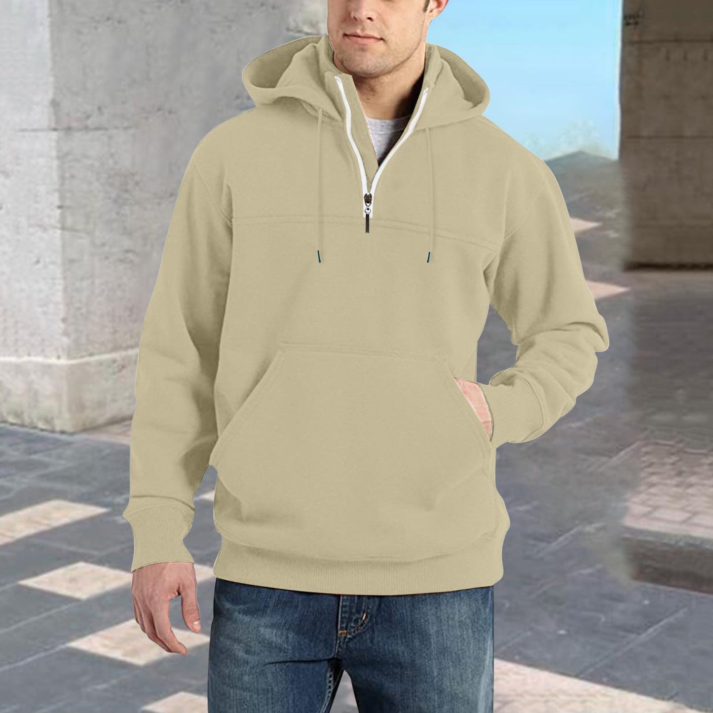 Herren modischer Kapuzenpullover mit halbem Reißverschluss und praktischen Kängurutaschen ModeGeist