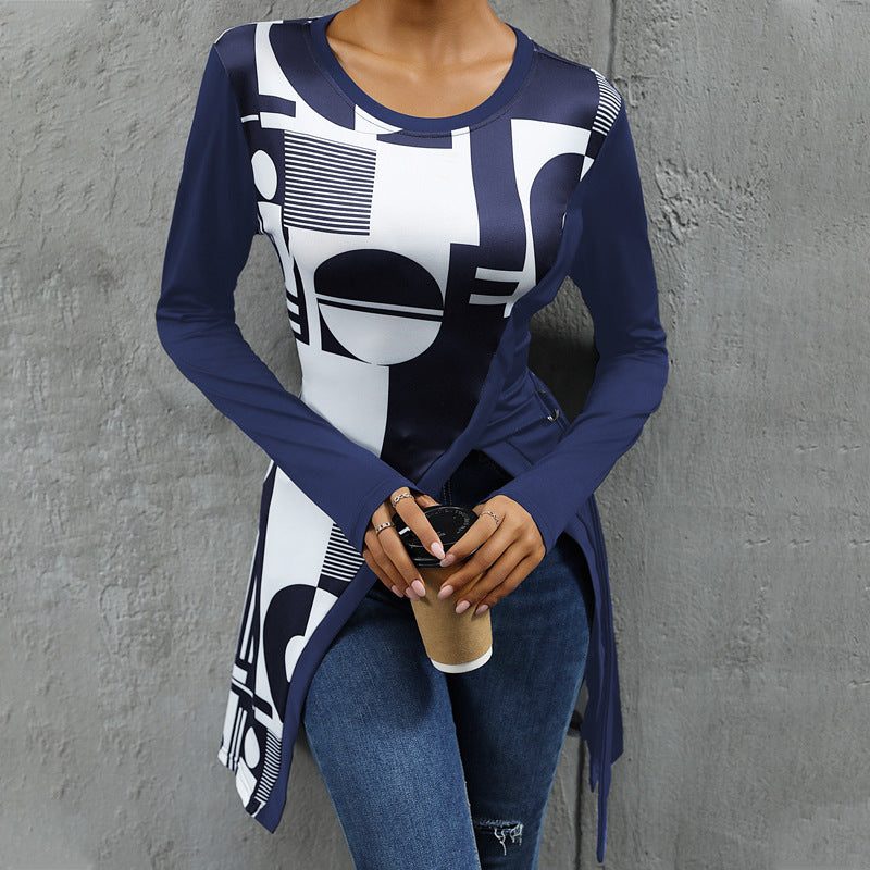 Damen Langarmshirt mit grafischem Muster und asymmetrischem Saum ModeGeist