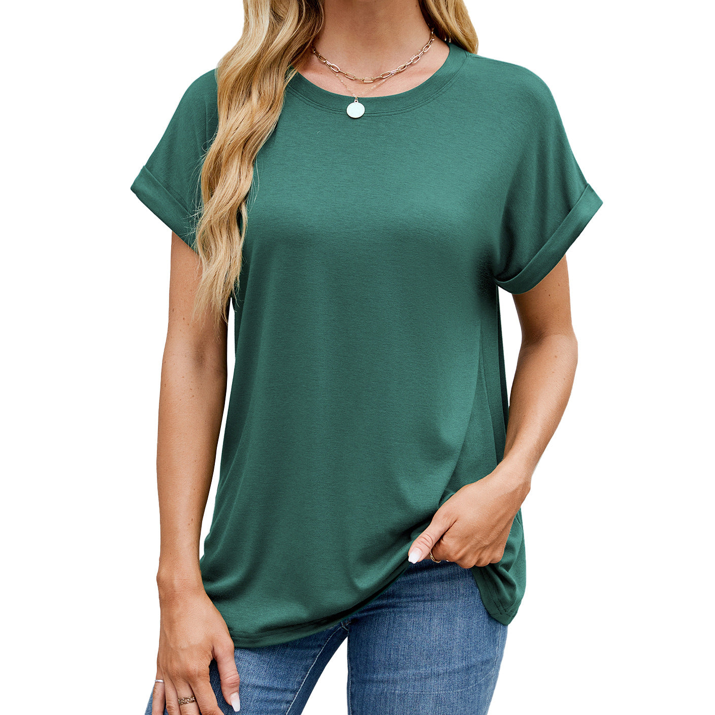 Fudus Basics: Einfarbiges, lockeres Rundhals-T-Shirt