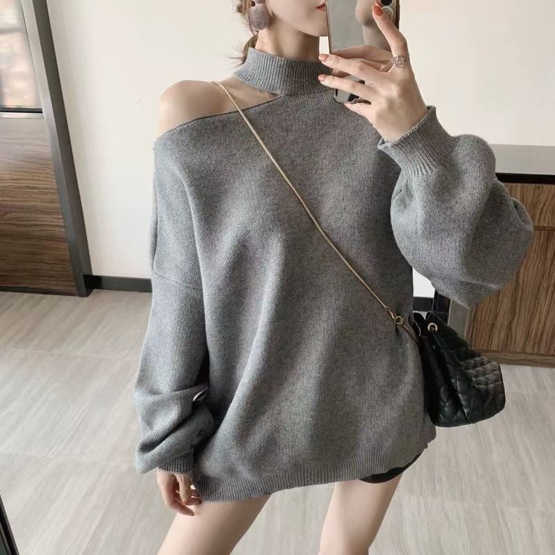Damen modischer Oversized-Pullover mit schulterfreier Schnittführung und Rollkragen ModeGeist