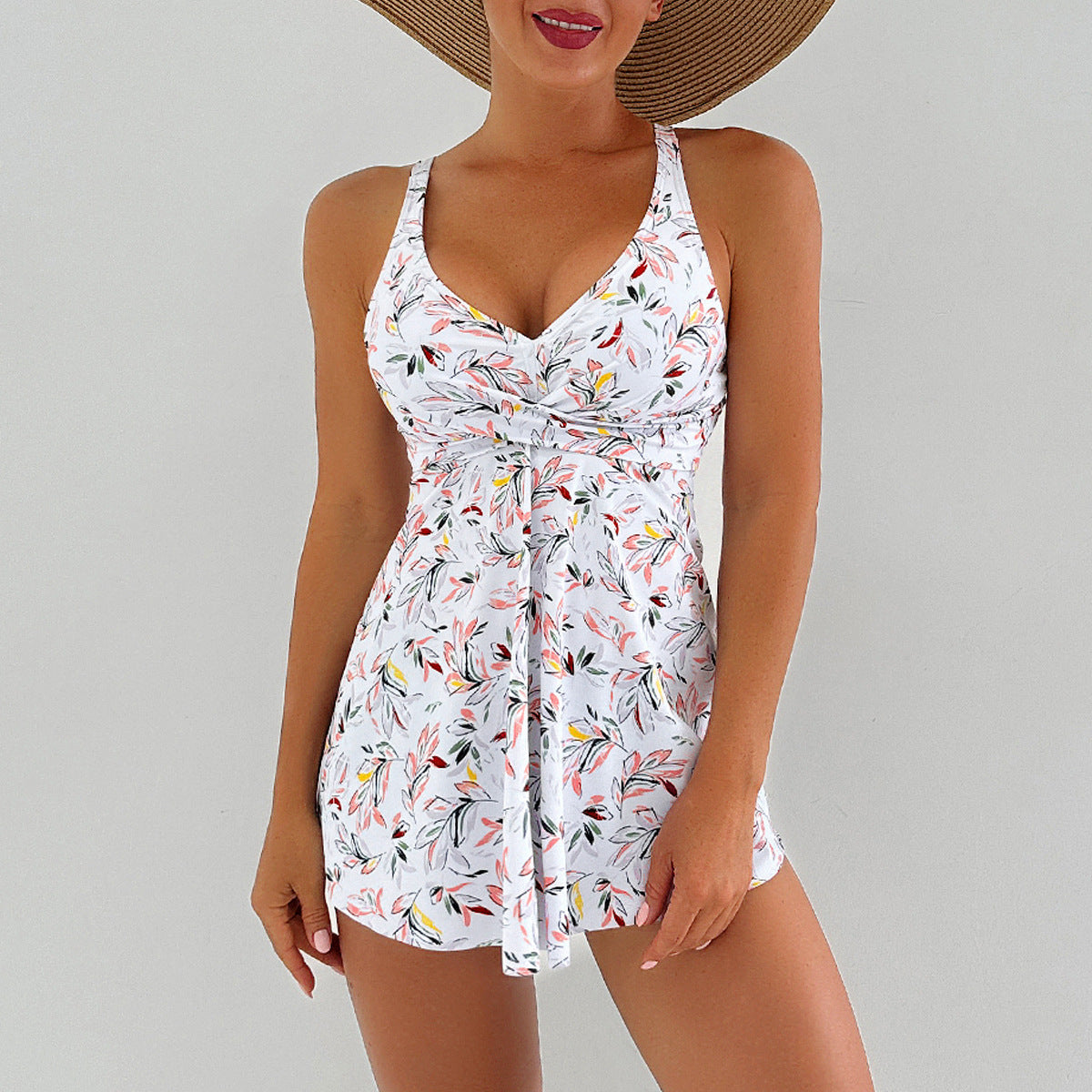 Modisches Damen Badekleid mit Blumenmuster und Raffungen